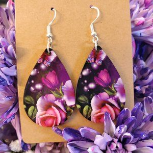 Pink Butterfly & Flowers Teardrop Earrings